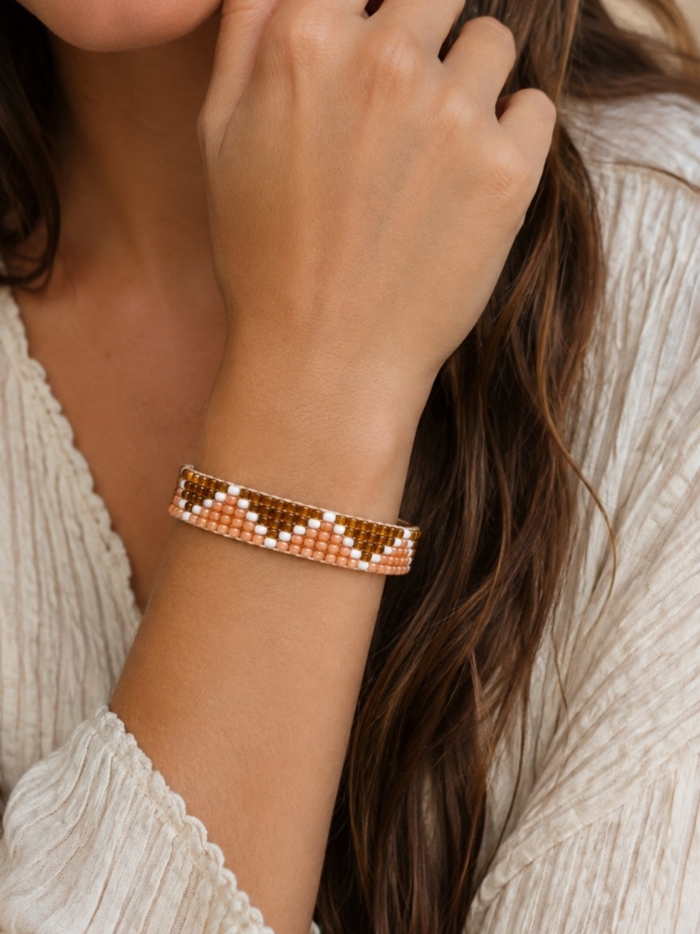 Beaded Chevron Bracelet - Peach, White & Brown Southwestern Boho